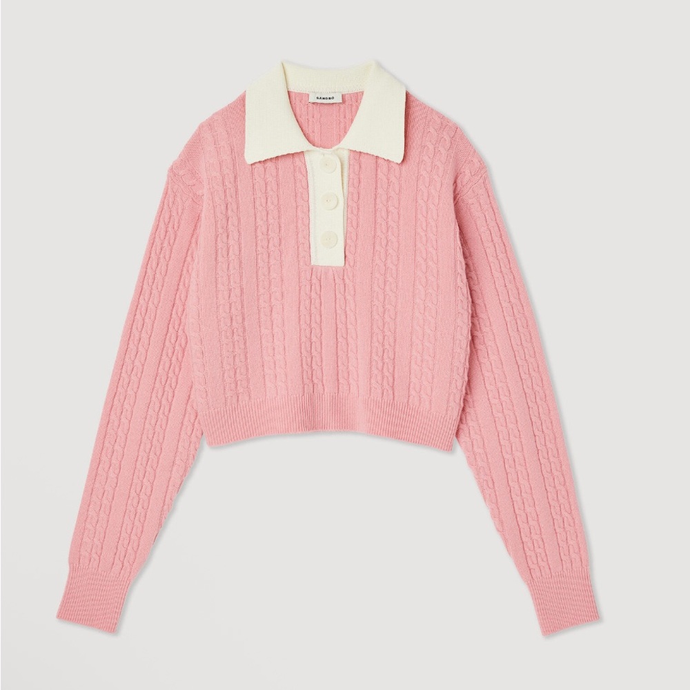 Pink Sandro Cropped Cable Knit Sweater with Cream Collar